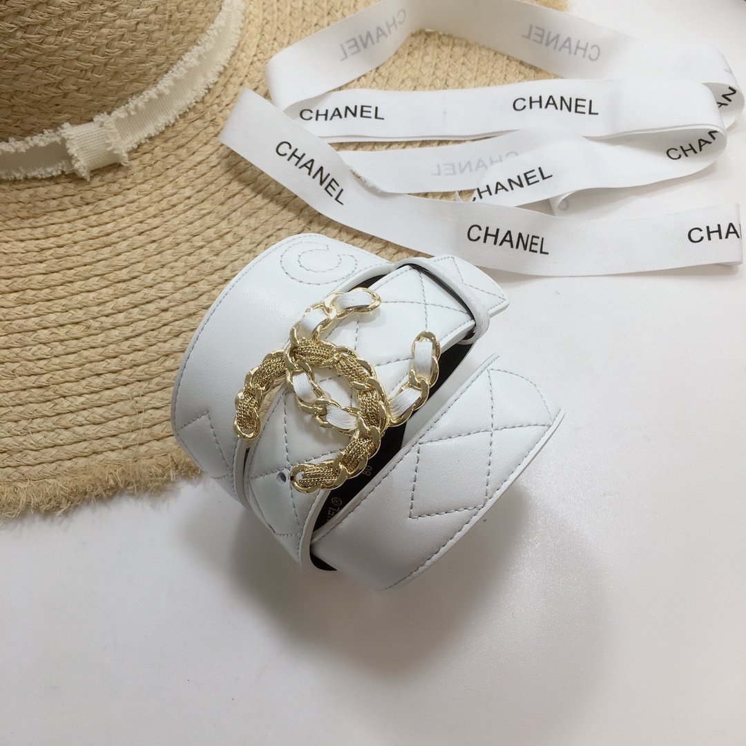 Chanel Quilted Belt With Double C Buckle White with Gold mix White Hardware Women Belt