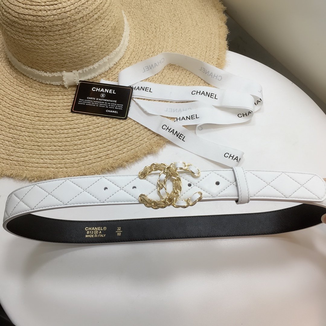 Chanel Quilted Belt With Double C Buckle White with Gold mix White Hardware Women Belt