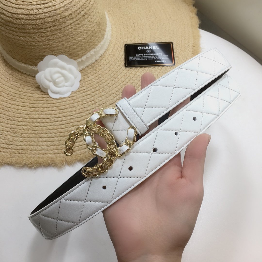 Chanel Quilted Belt With Double C Buckle White with Gold mix White Hardware Women Belt
