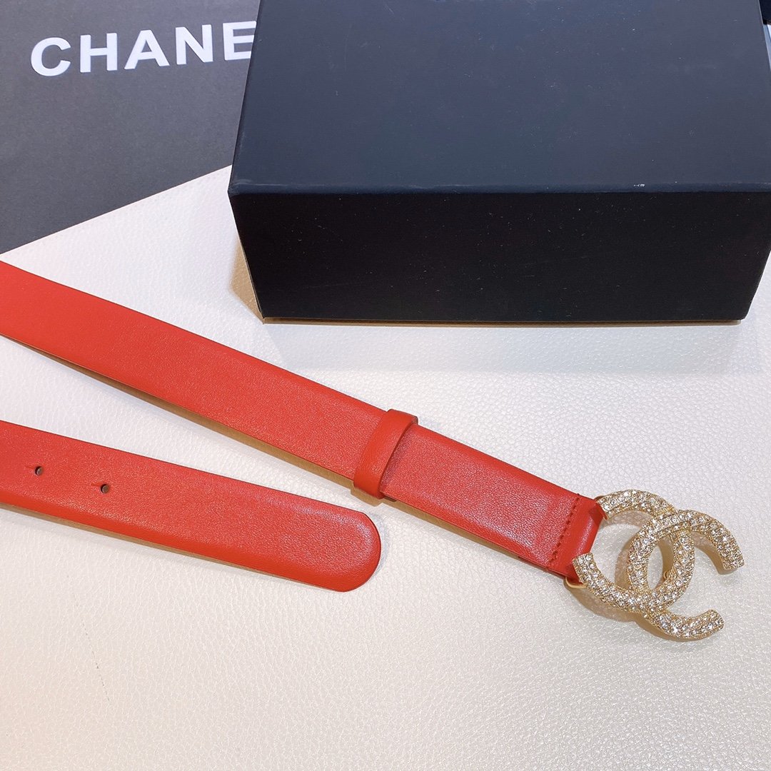 Chanel Red Belt With Double C Buckle Gold-Toned and Strass Metal Women Belt