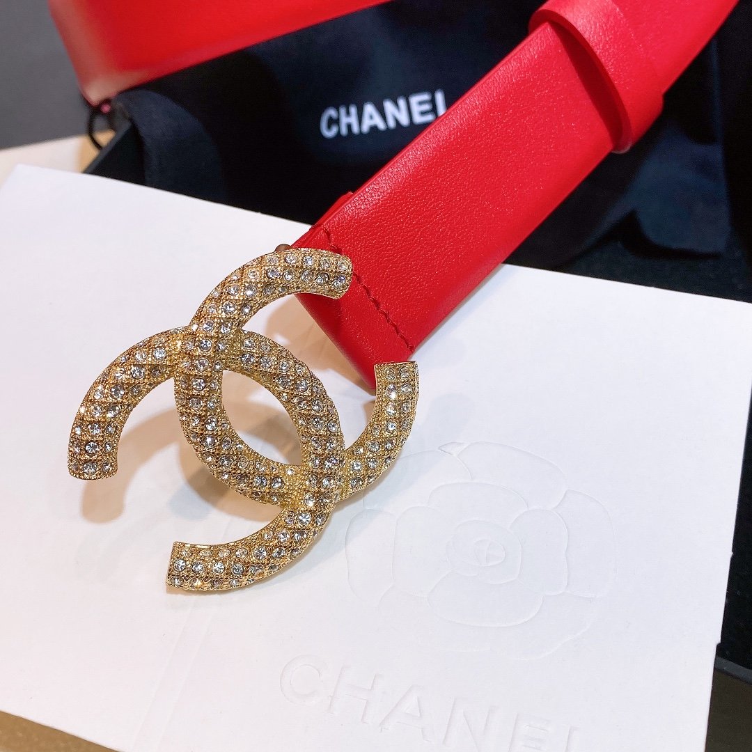 Chanel Red Belt With Double C Buckle Gold-Toned and Strass Metal Women Belt