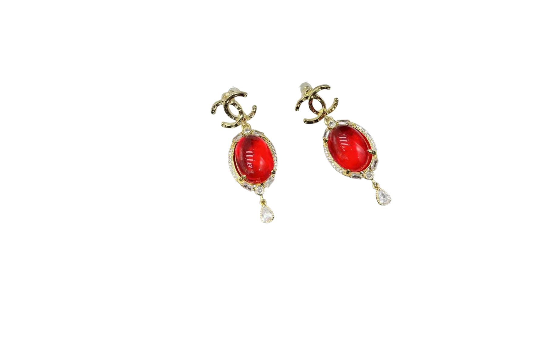 Chanel Red Stone Earrings Gold Tone For Women