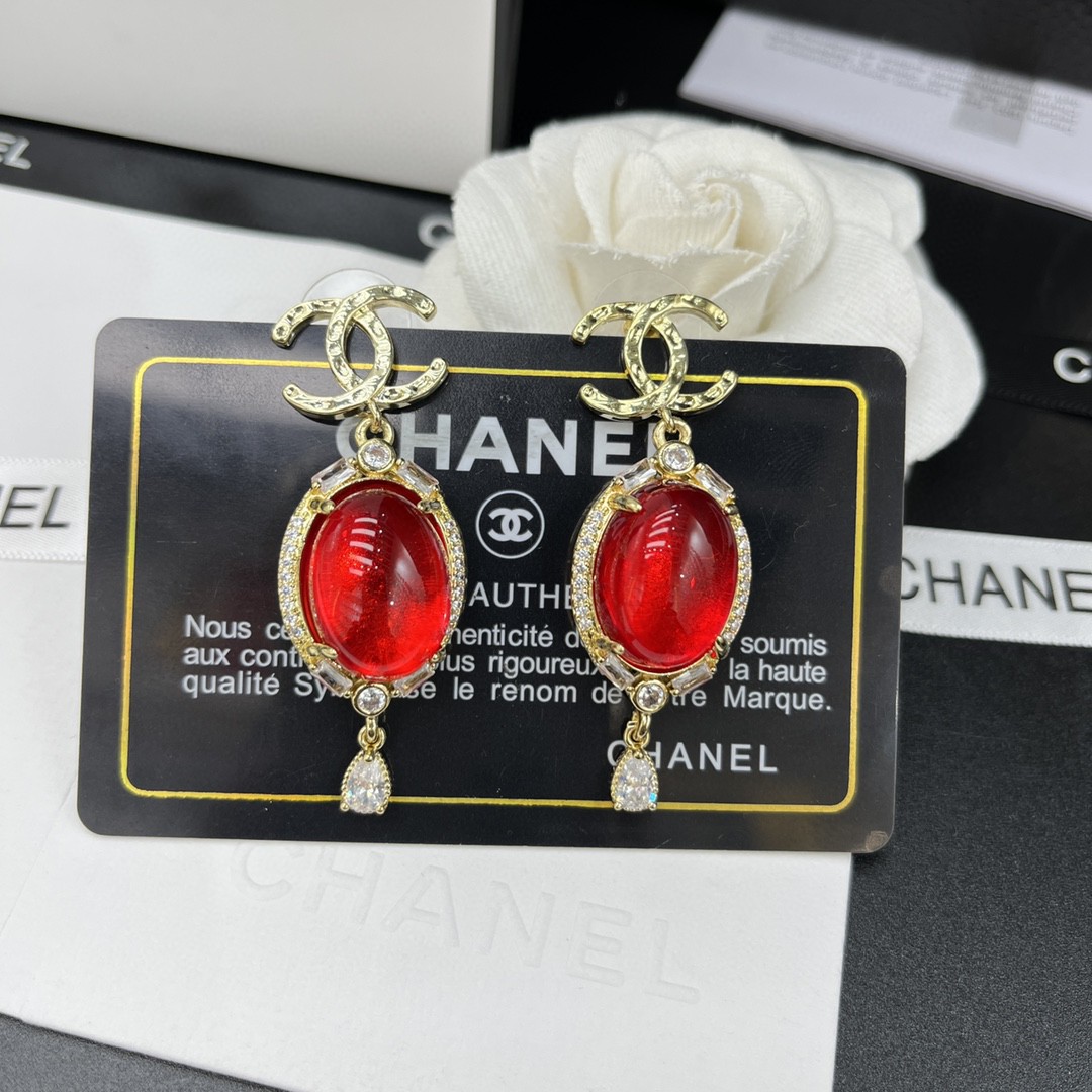 Chanel Red Stone Earrings Gold Tone For Women