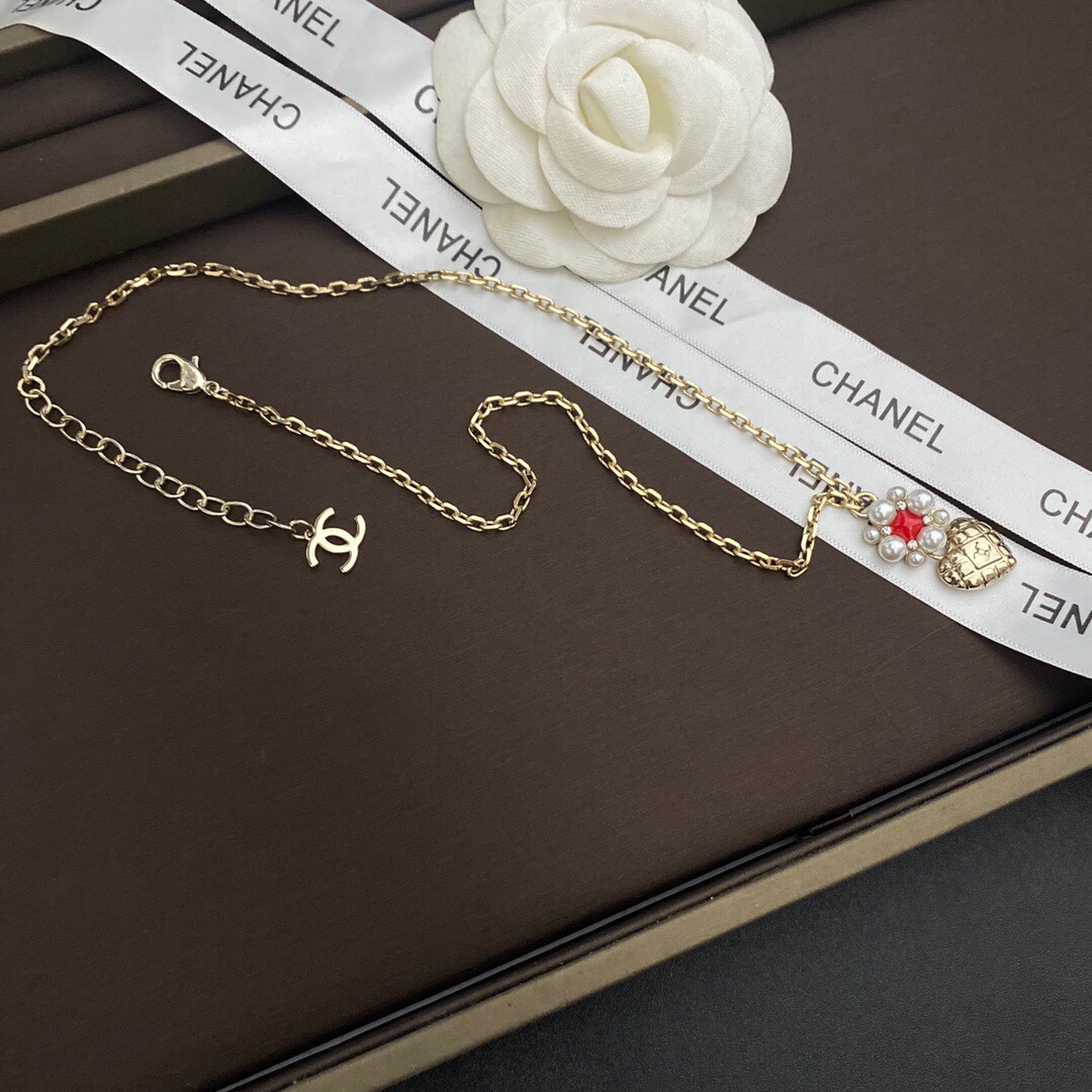 Chanel Red Stone Hit Point Necklace Gold Tone For Women