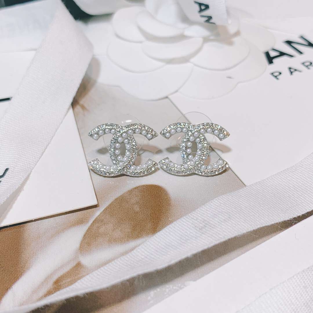 Chanel Rhinestone Double C Earrings Silver For Women