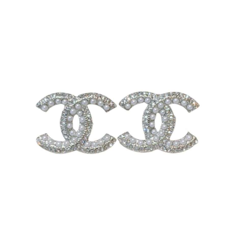 Chanel Rhinestone Double C Earrings Silver For Women