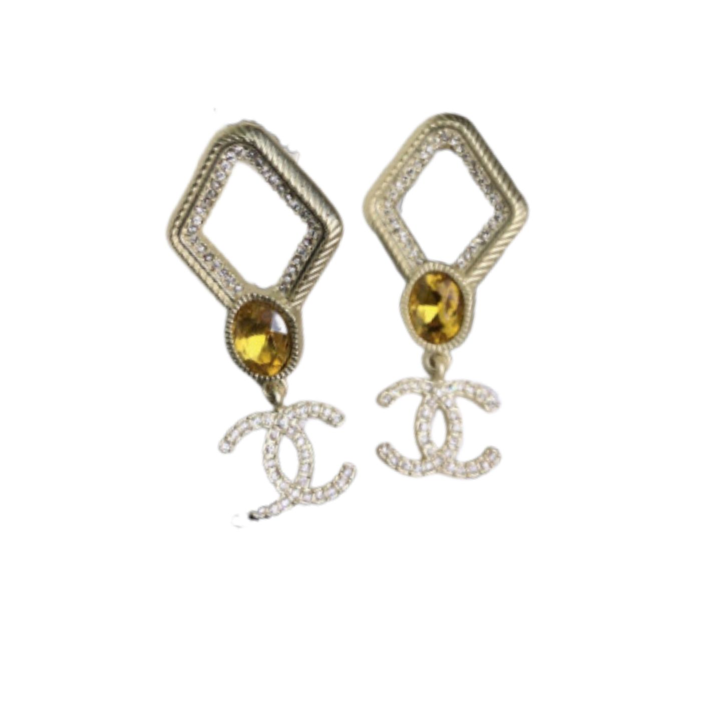 Chanel Rhombus Frame Earrings Gold Tone For Women