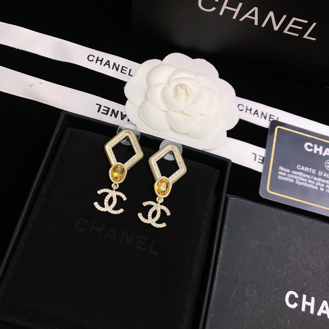 Chanel Rhombus Frame Earrings Gold Tone For Women