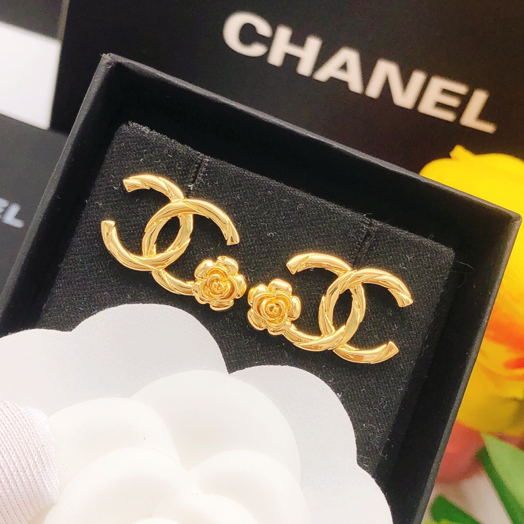 Chanel Rose Flower Earrings Gold For Women