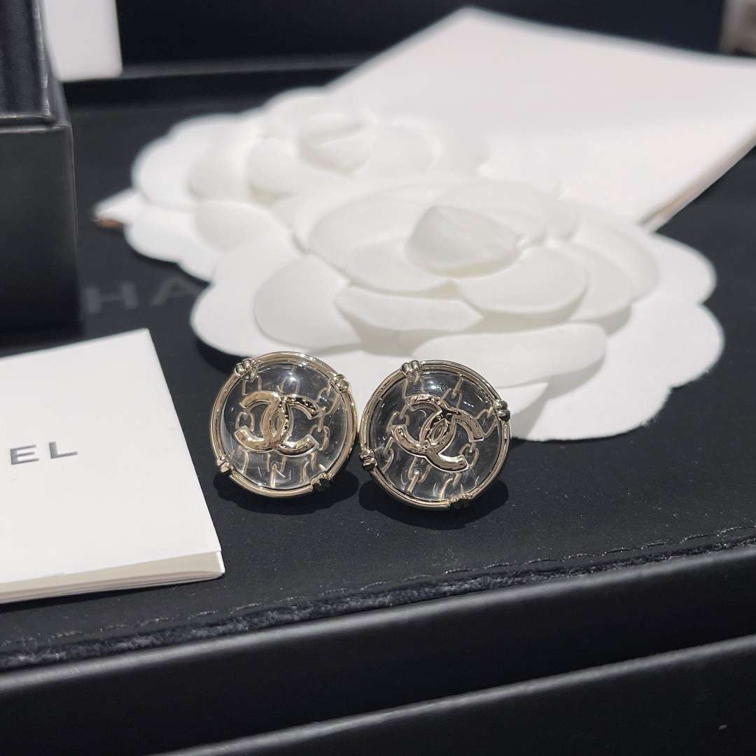Chanel Round Button Plastic Earrings Silver For Women