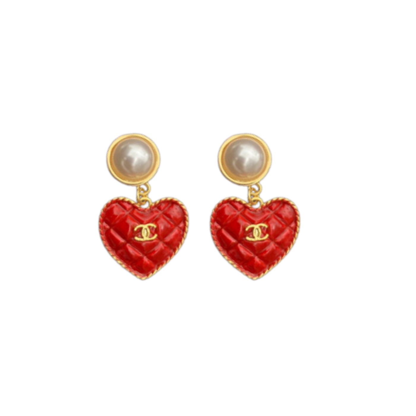 Chanel Senorita Red Heart Earrings Gold Tone For Women