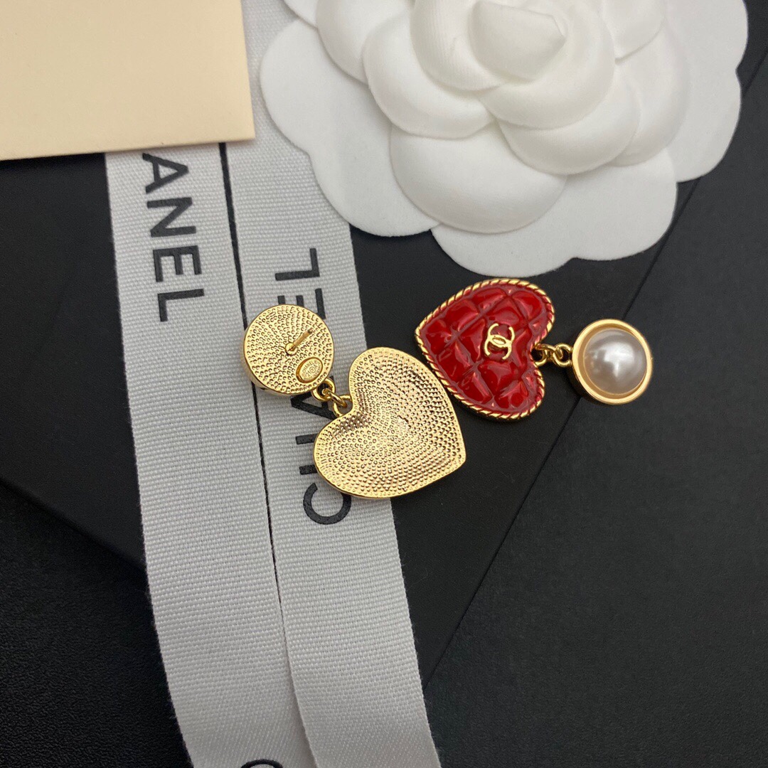 Chanel Senorita Red Heart Earrings Gold Tone For Women