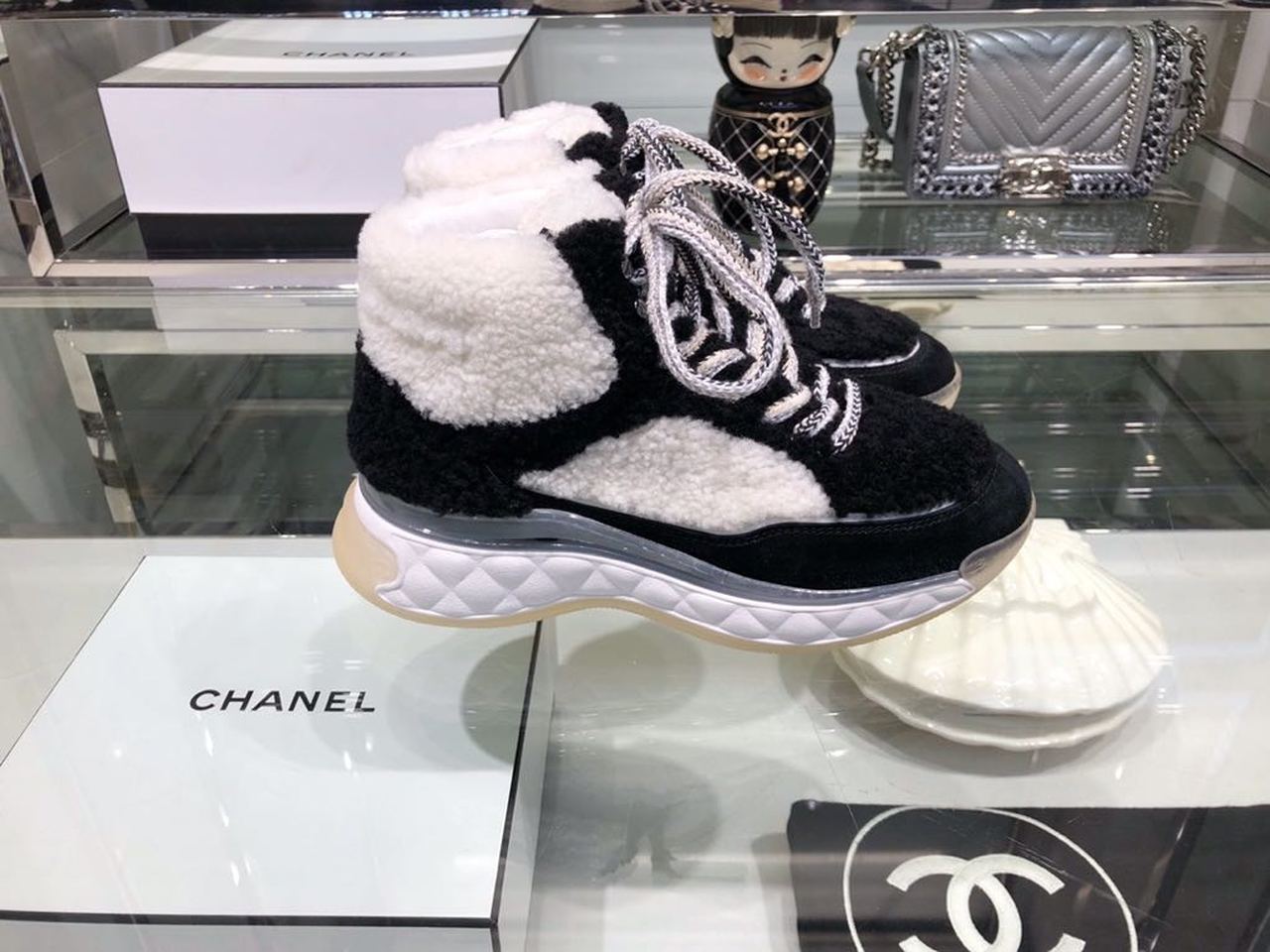 Chanel Shearling Fur High-Top Sneakers Calfskin Leather Fall/Winter 2019 Collection, Black/White