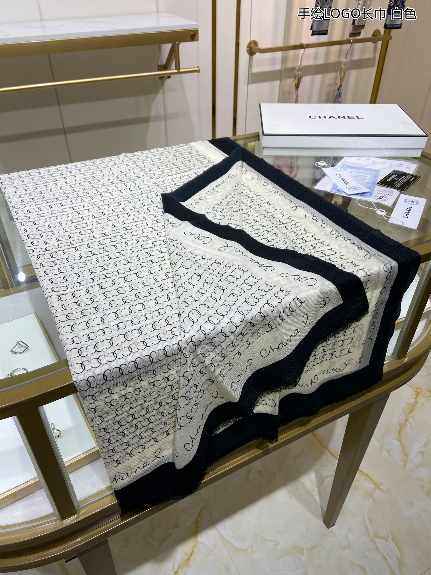 Chanel Silk Chiffon Black and White With Black Border Scarf 200cm/78in