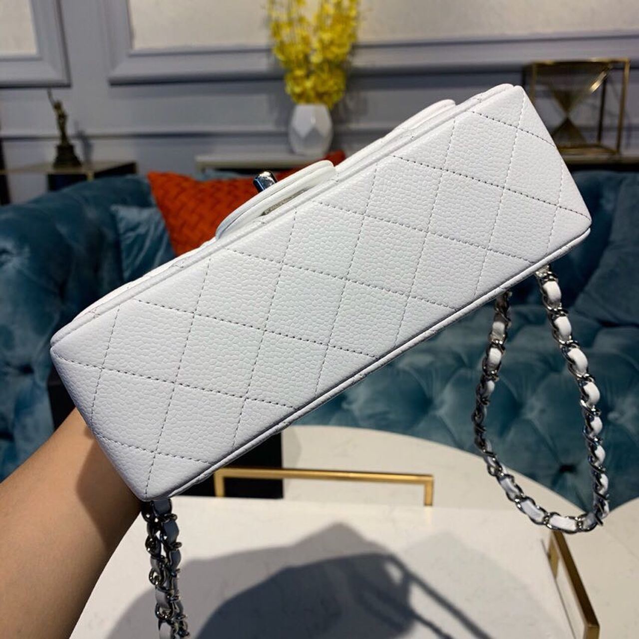 Chanel Small Classic Handbag Silver Hardware White For Women, Women’s Bags, Shoulder And Crossbody Bags 7.8in/20cm
