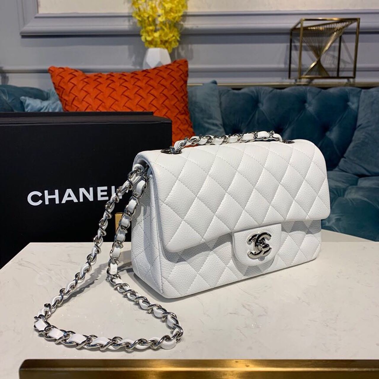 Chanel Small Classic Handbag Silver Hardware White For Women, Women’s Bags, Shoulder And Crossbody Bags 7.8in/20cm