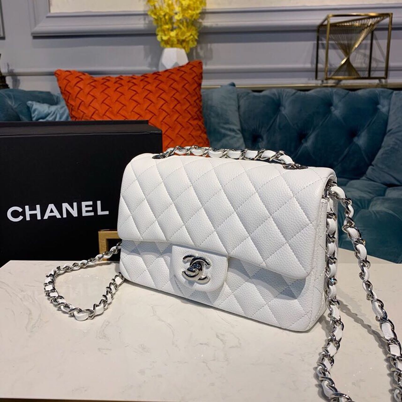 Chanel Small Classic Handbag Silver Hardware White For Women, Women’s Bags, Shoulder And Crossbody Bags 7.8in/20cm