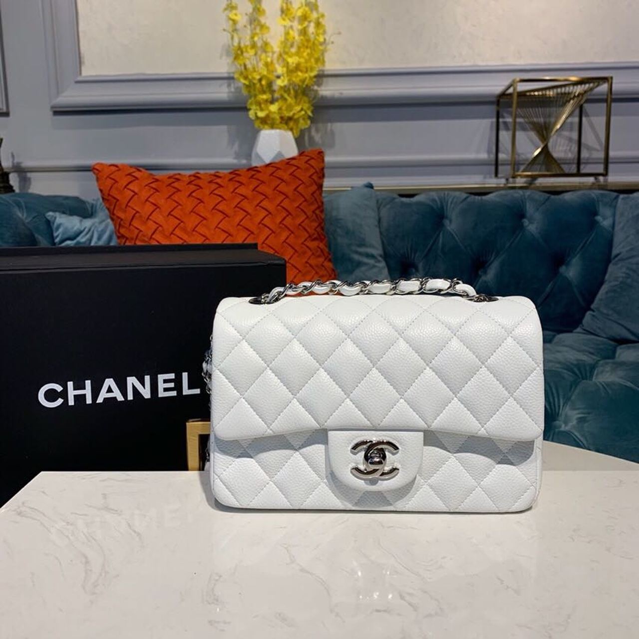 Chanel Small Classic Handbag Silver Hardware White For Women, Women’s Bags, Shoulder And Crossbody Bags 7.8in/20cm