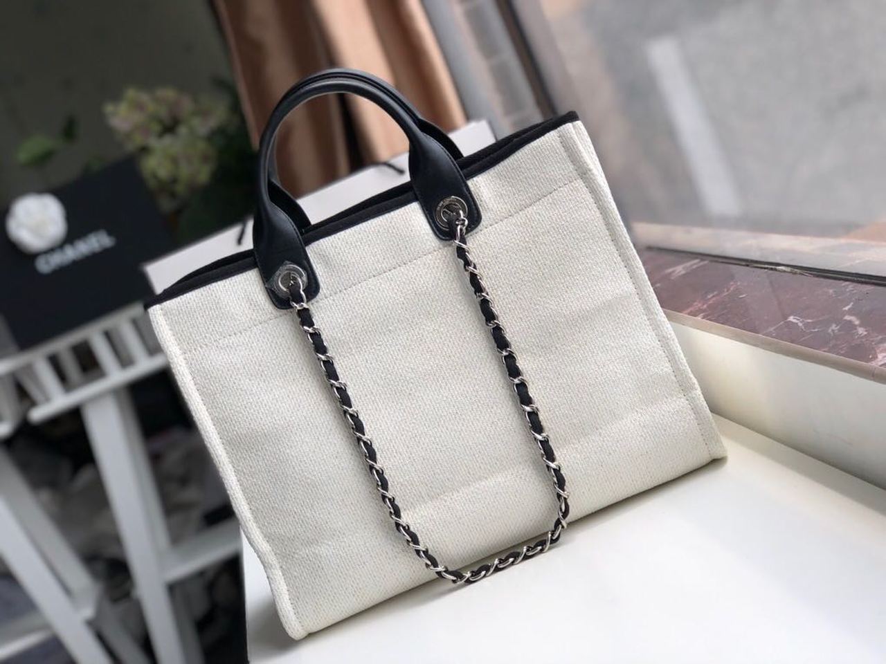 Chanel Small Shopping Bag Silver Hardware White For Women, Women’s Handbags, Shoulder Bags 15.2in/39cm