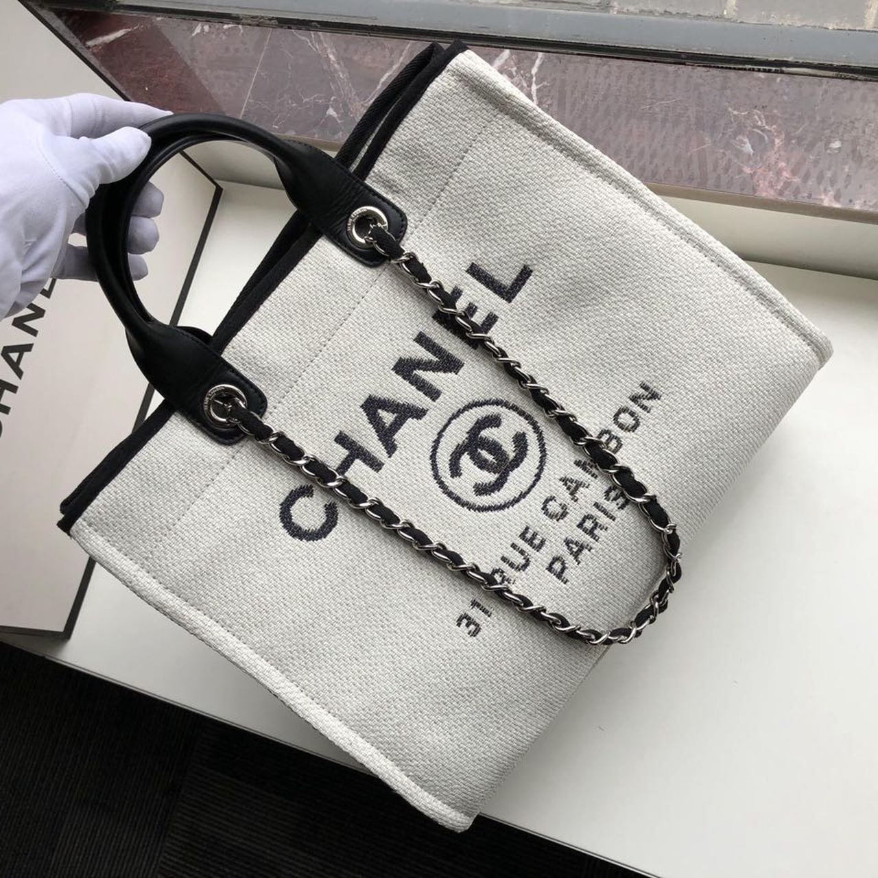 Chanel Small Shopping Bag Silver Hardware White For Women, Women’s Handbags, Shoulder Bags 15.2in/39cm
