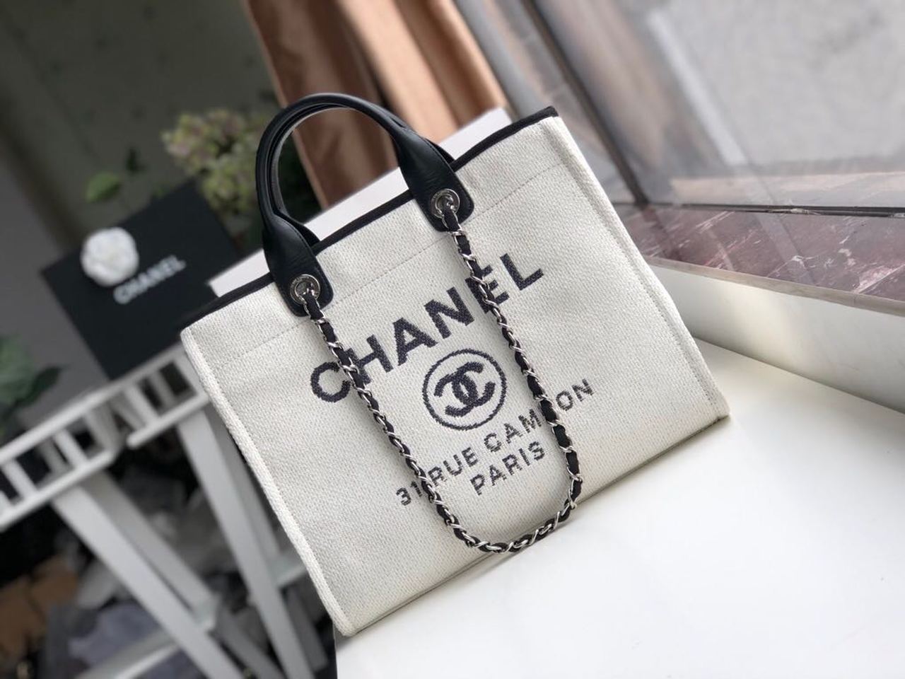 Chanel Small Shopping Bag Silver Hardware White For Women, Women’s Handbags, Shoulder Bags 15.2in/39cm