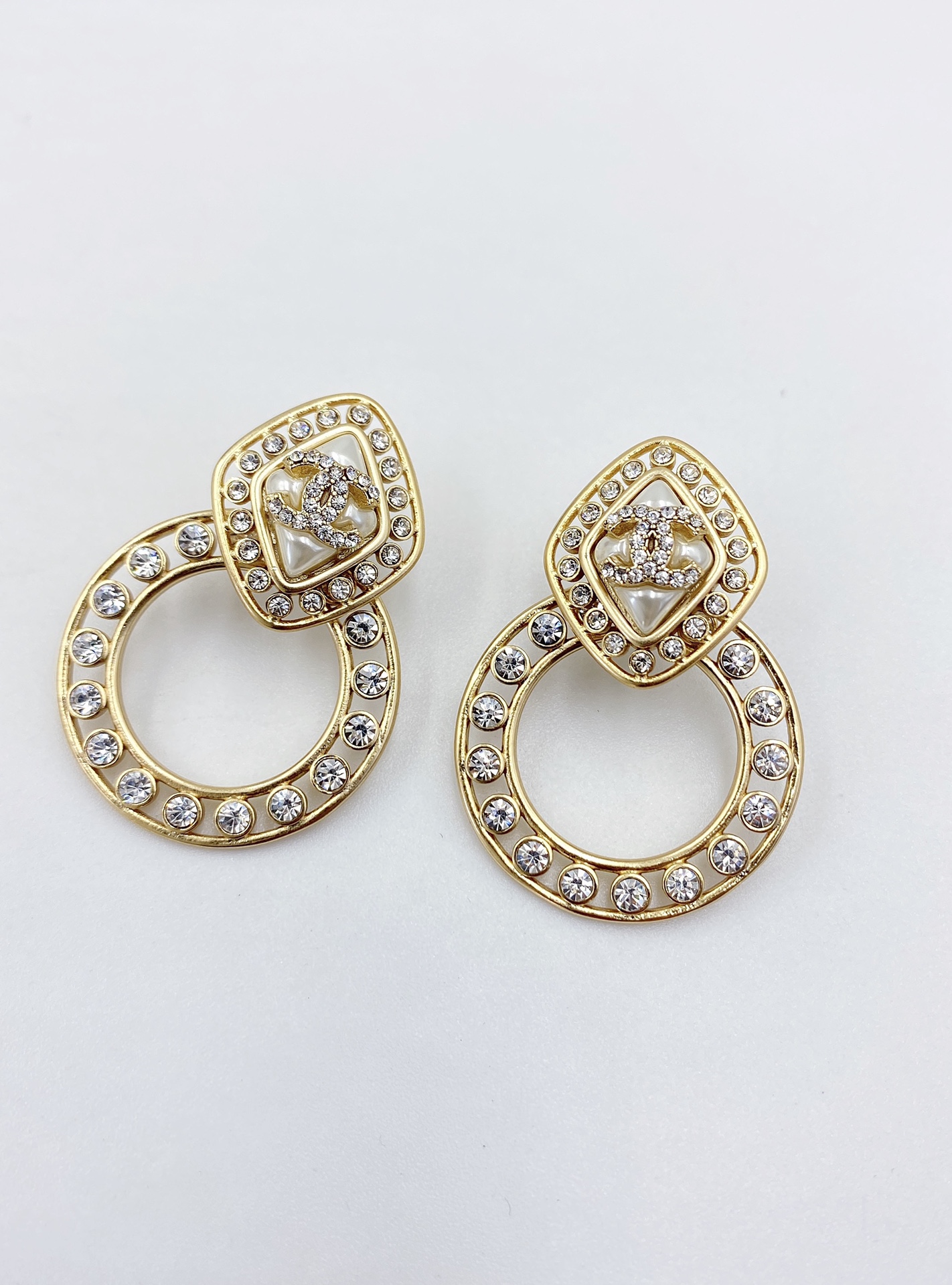 Chanel Sparkling Stone Border Earrings Gold Tone For Women