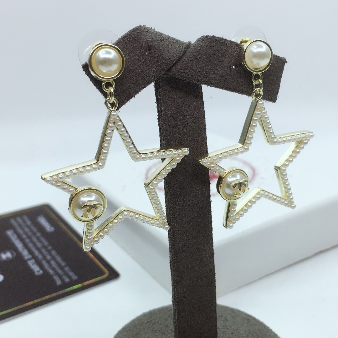 Chanel Star Frame Earrings Gold Tone For Women