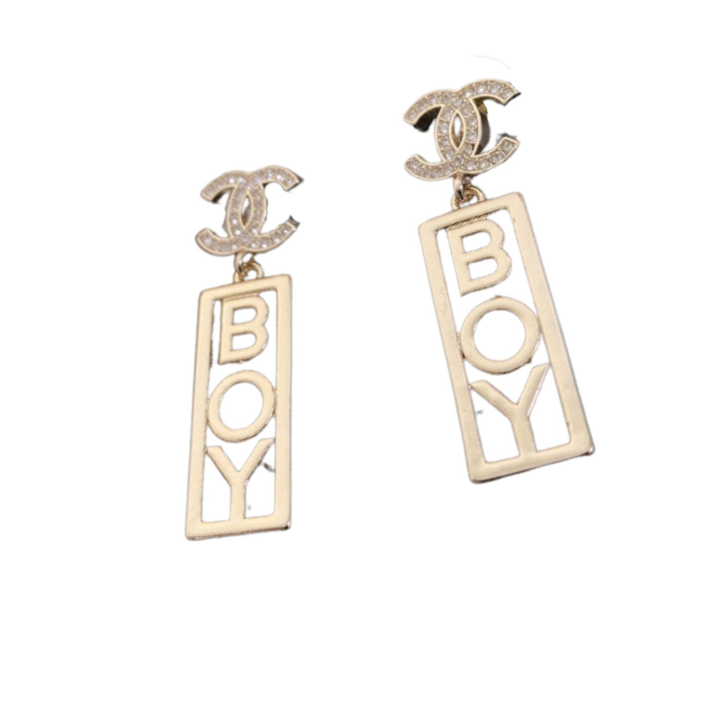 Chanel Strass CC BOY Drop Earrings Gold For Women