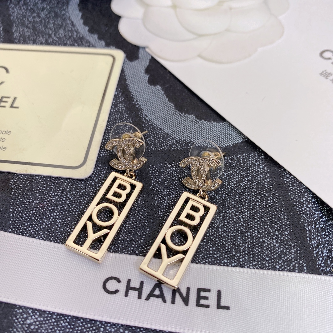 Chanel Strass CC BOY Drop Earrings Gold For Women