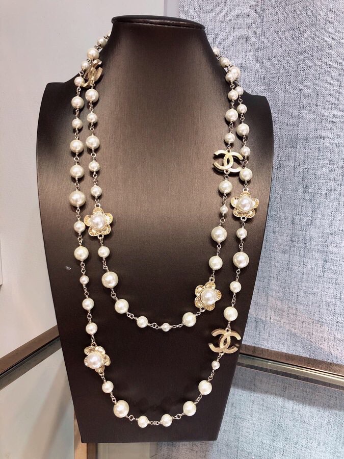 Chanel Stylized Flower Multi Layered Pearl Necklace Gold Tone For Women