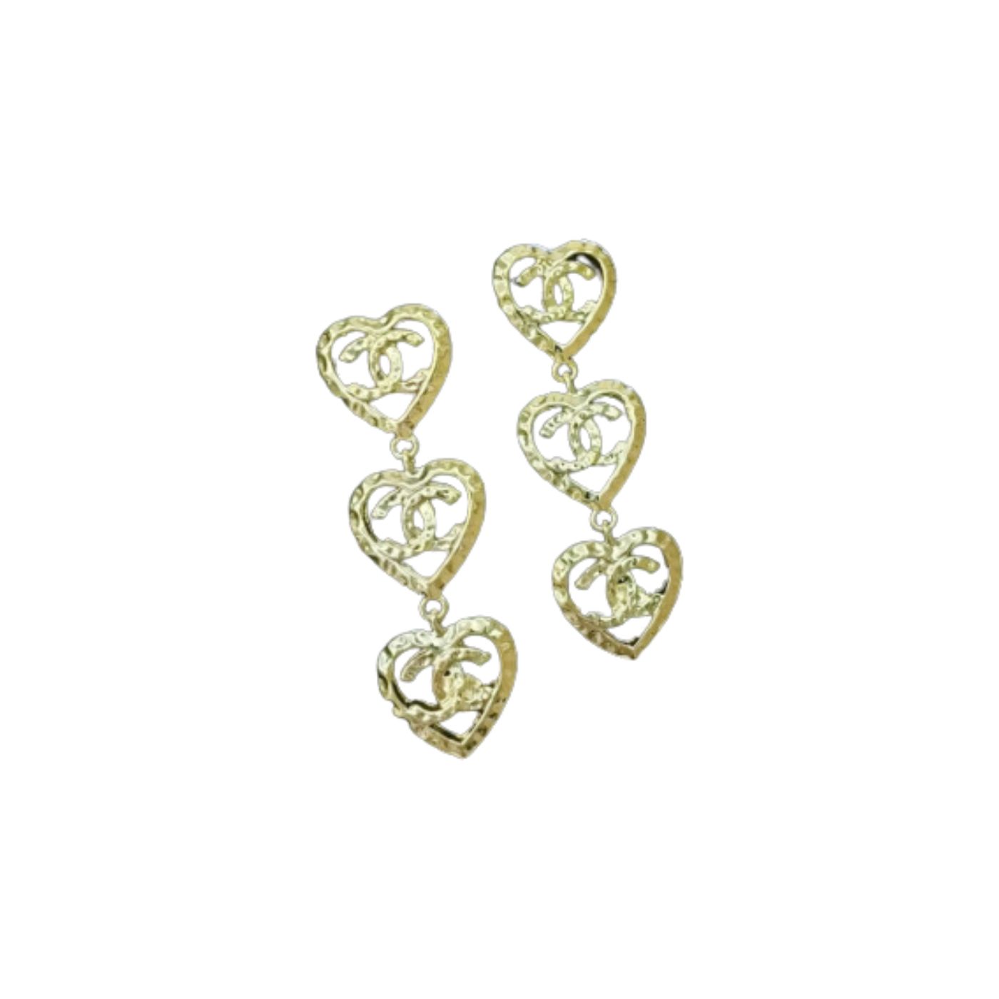 Chanel Three Hearts Earrings Gold Tone For Women
