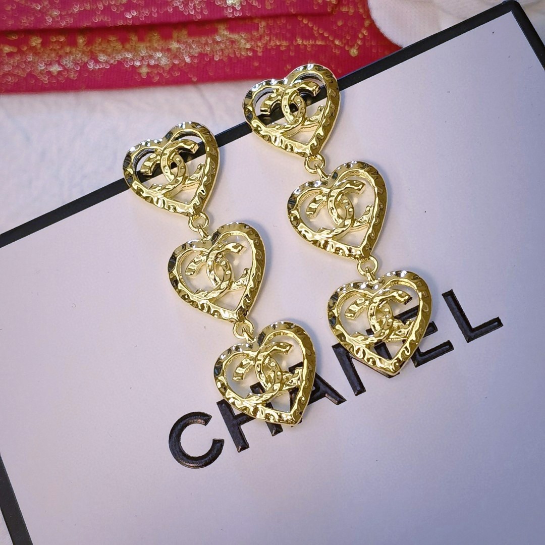 Chanel Three Hearts Earrings Gold Tone For Women