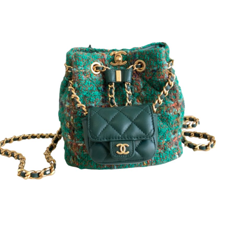 Chanel Tweed Backpack Green/Orange For Women 17cm / 6.7in