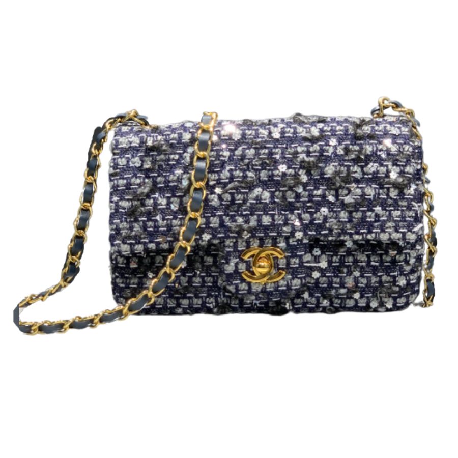 Chanel Tweed Mini Flap Bag Dark Blue For Women 20cm / 7.9in