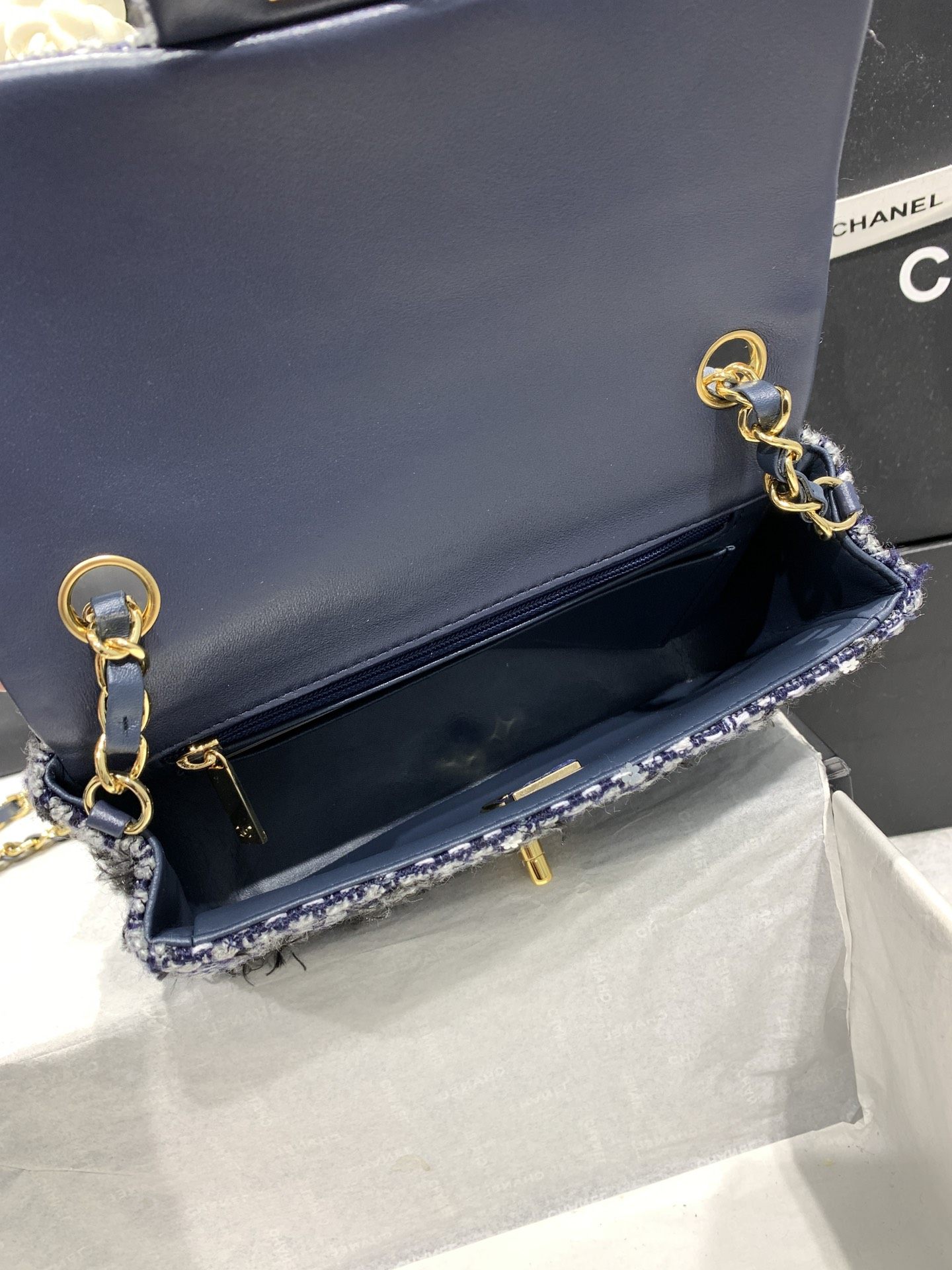 Chanel Tweed Mini Flap Bag Dark Blue For Women 20cm / 7.9in