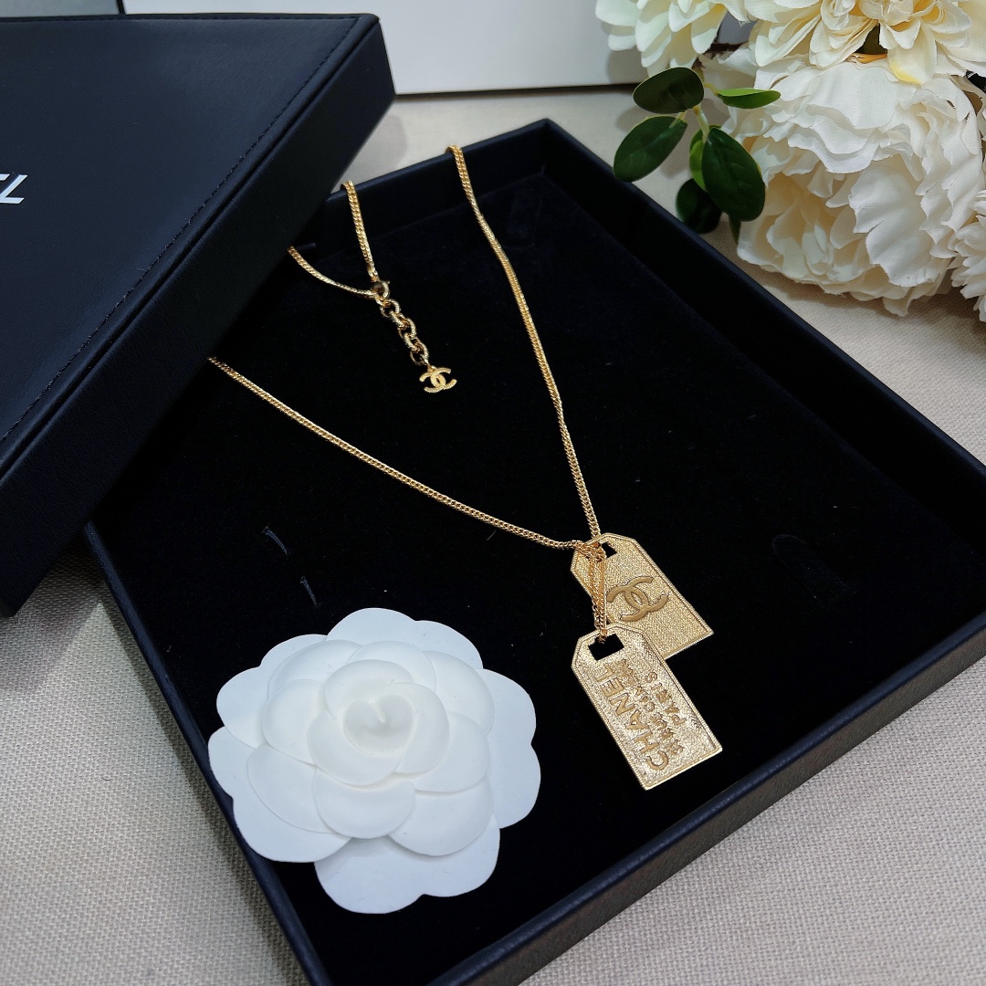 Chanel Two Tag Engraving Signature Necklace Gold Tone For Women