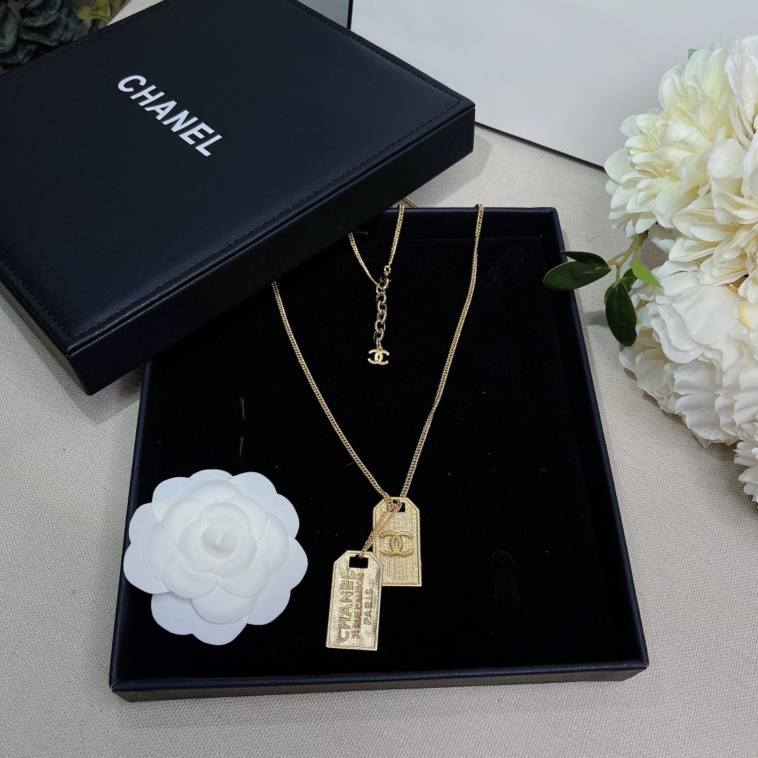 Chanel Two Tag Engraving Signature Necklace Gold Tone For Women