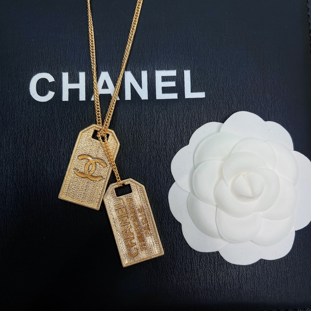 Chanel Two Tag Engraving Signature Necklace Gold Tone For Women