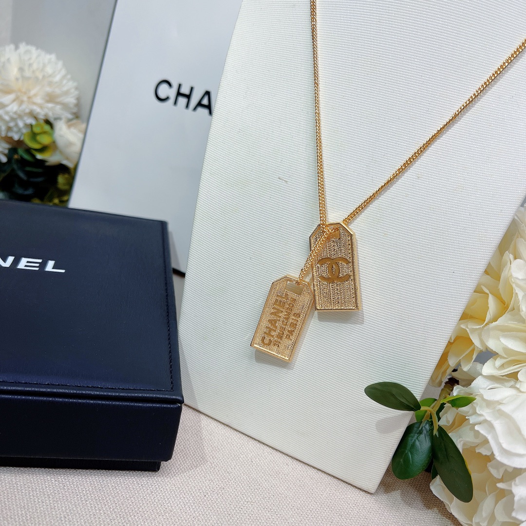Chanel Two Tag Engraving Signature Necklace Gold Tone For Women