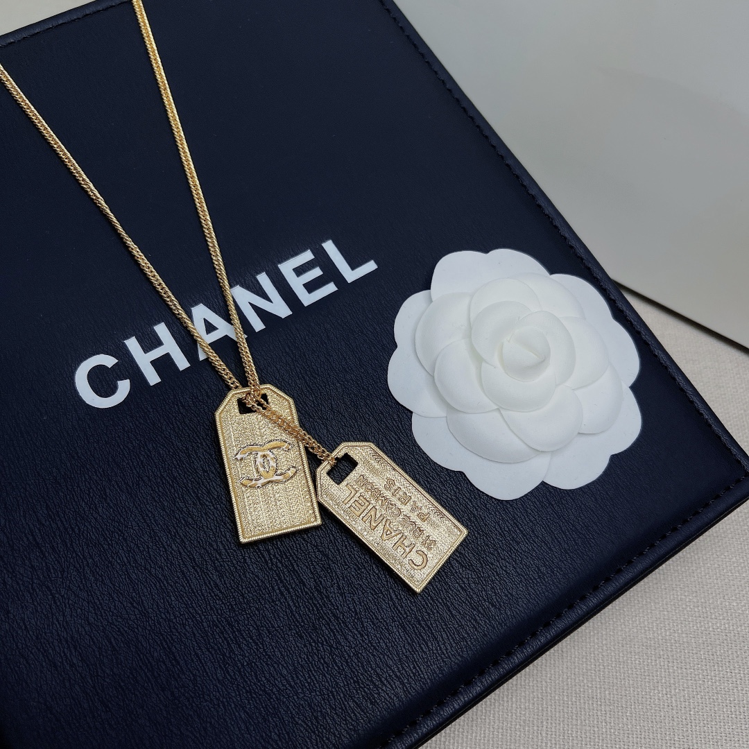 Chanel Two Tag Engraving Signature Necklace Gold Tone For Women