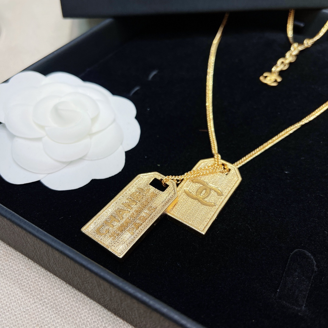 Chanel Two Tag Engraving Signature Necklace Gold Tone For Women