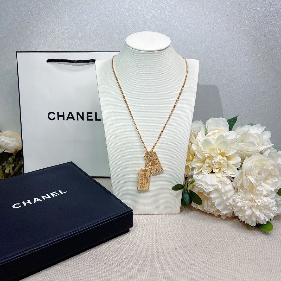 Chanel Two Tag Engraving Signature Necklace Gold Tone For Women