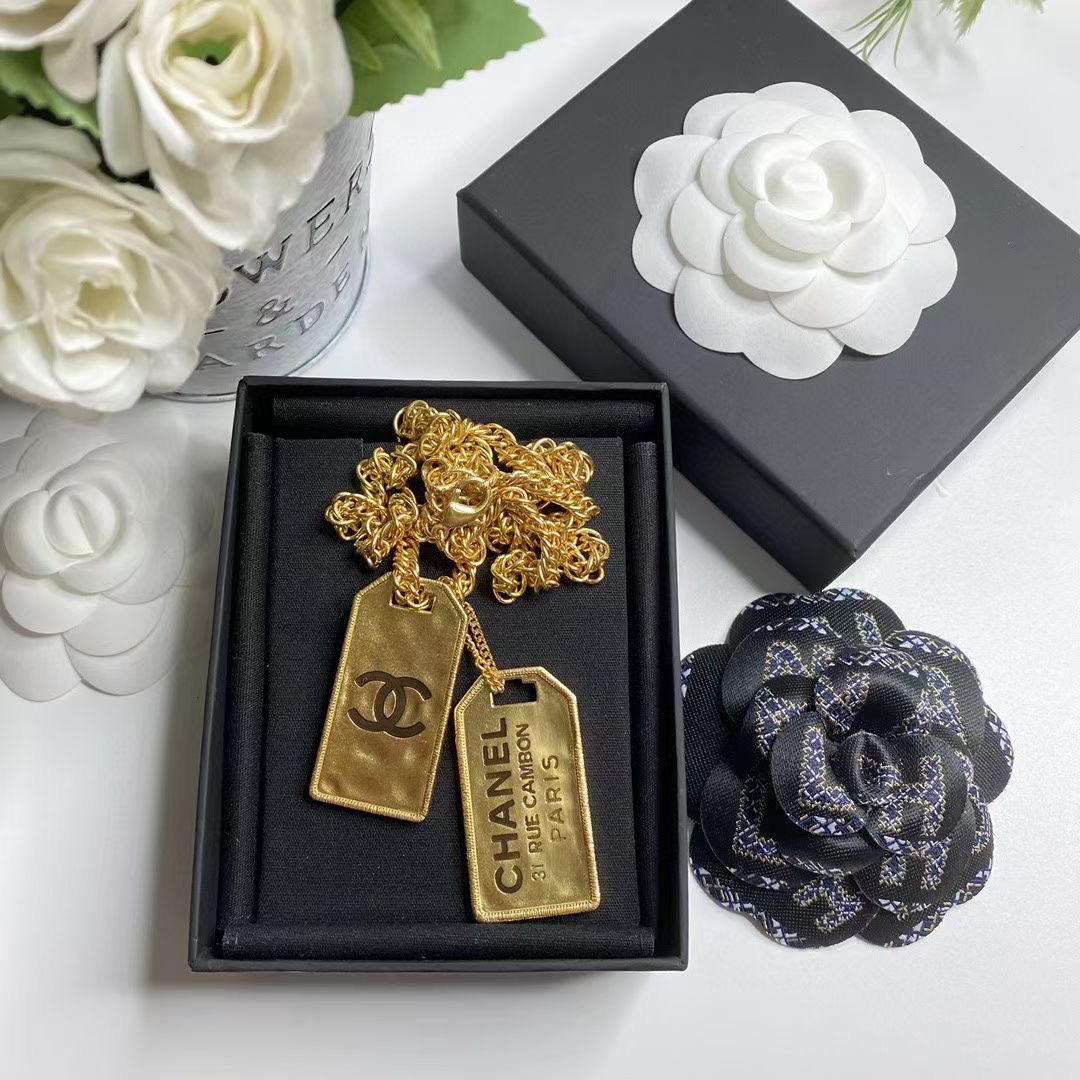 Chanel Two Tag Engraving Signature Necklace Gold Tone For Women