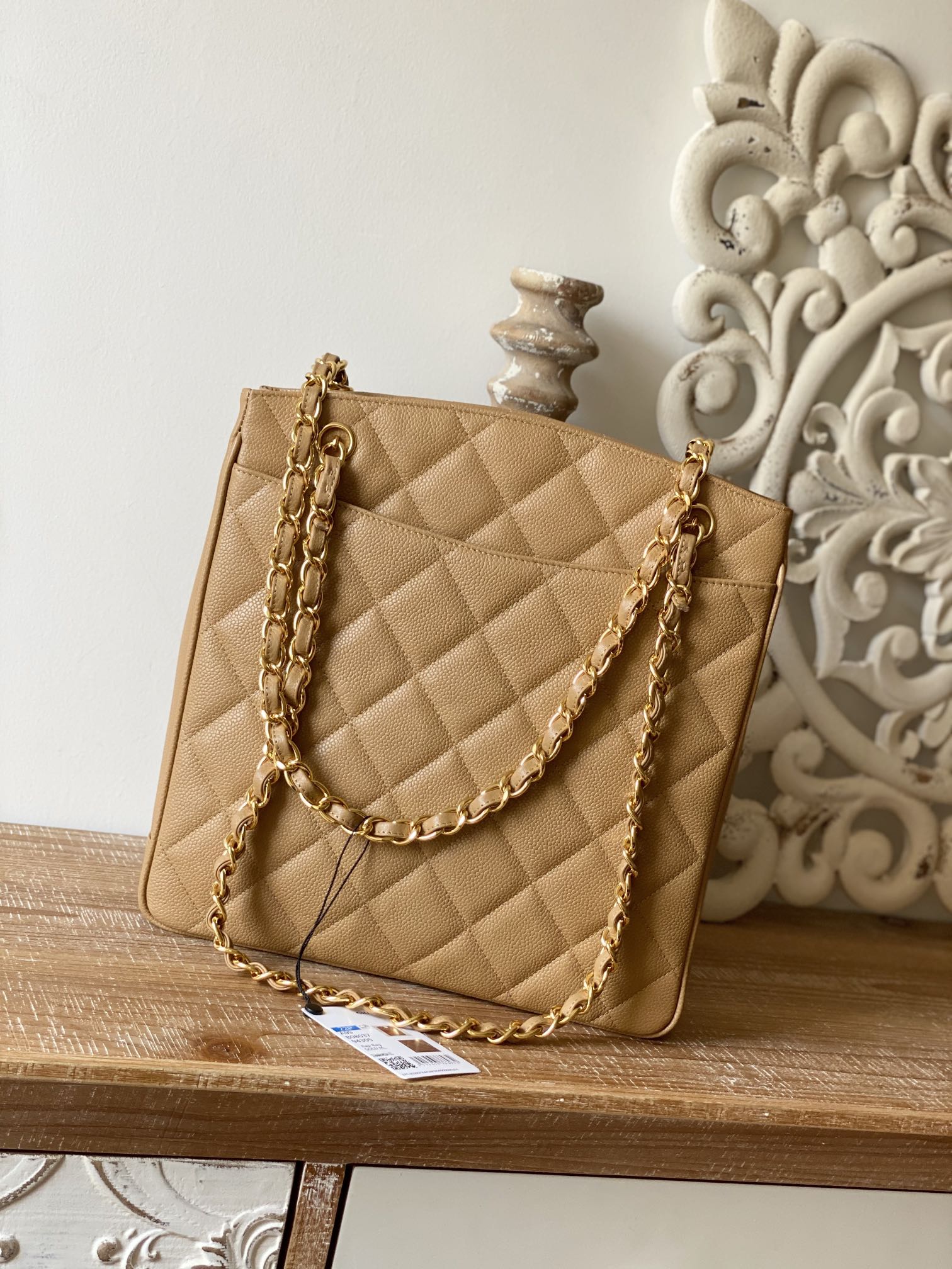 Chanel Vintage Beige Large Quilted Caviar Tote Bag For Women 28cm/11in