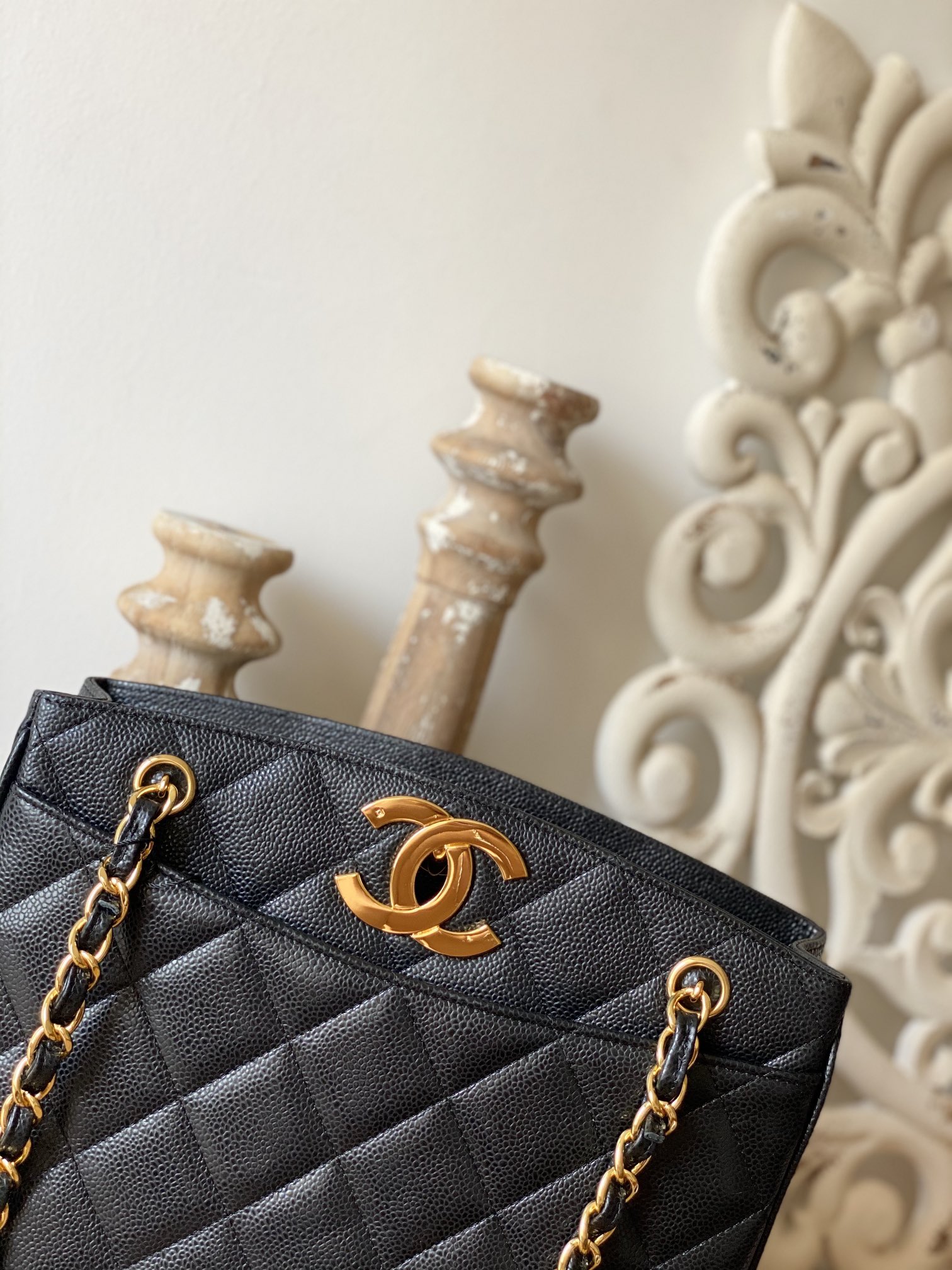 Chanel Vintage Black Medium Quilted Caviar Tote Bag For Women 28cm/11in
