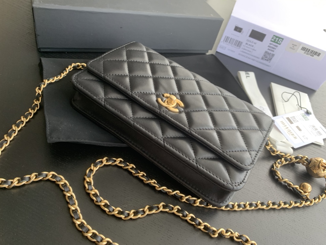 Chanel Wallet On Chain Black/White/Beige For Women 7.5in/19cm AP1450