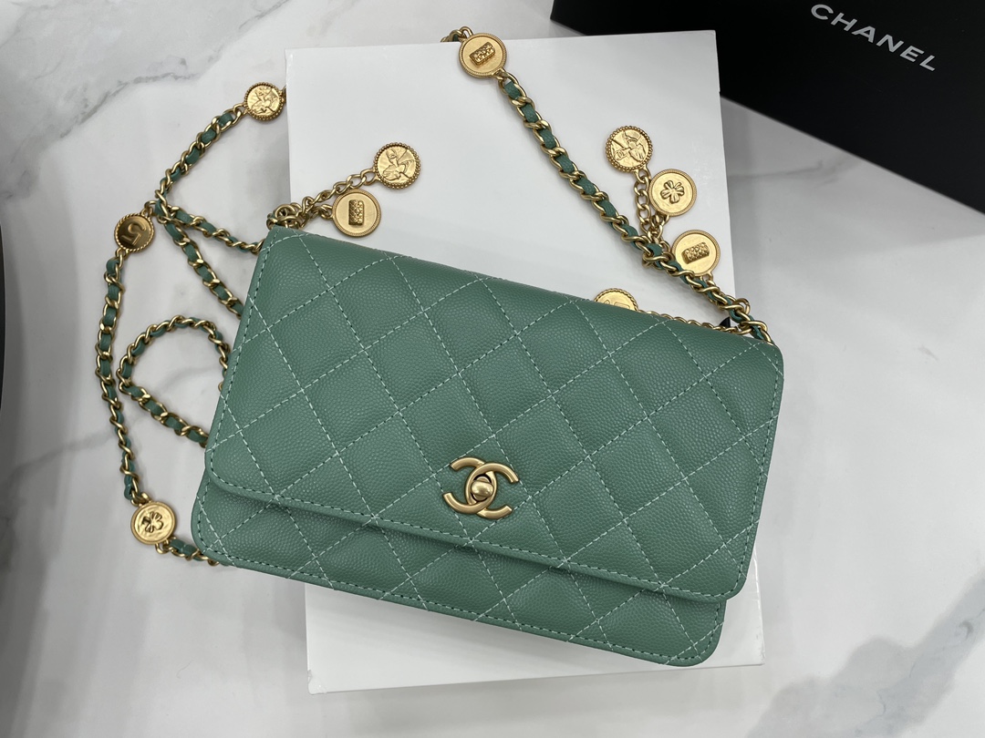 Chanel Wallet On Chain Green/Black/White For Women 7.4in/19cm AP3054
