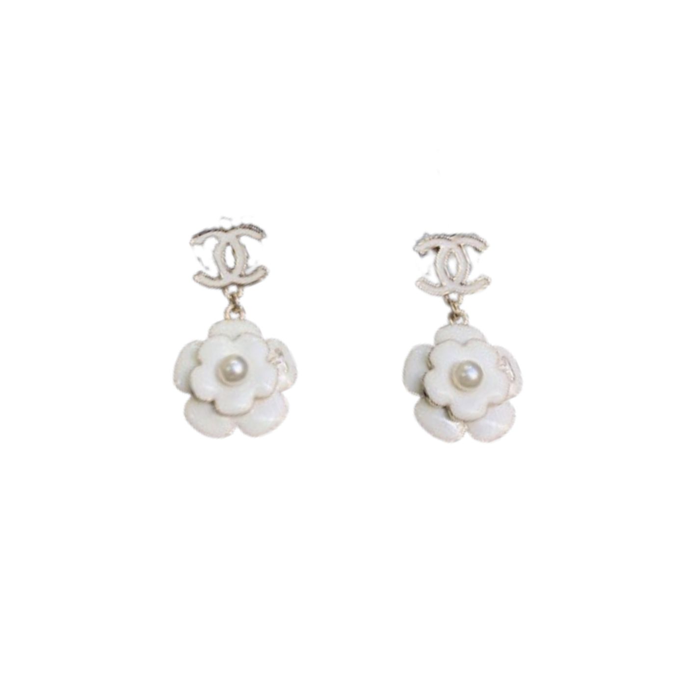 Chanel White Camellia Flower Earrings Gold Tone For Women