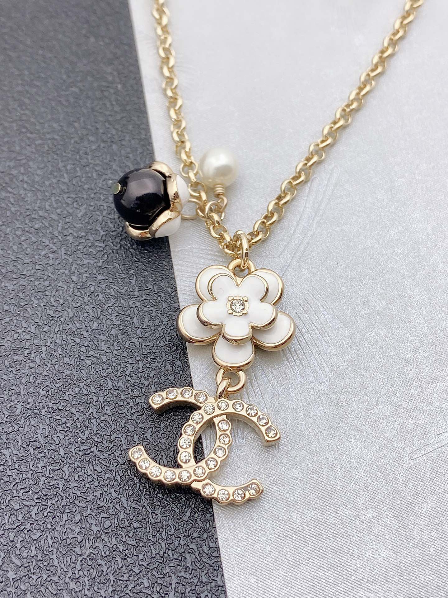 Chanel White Camellia Necklace Gold Tone For Women