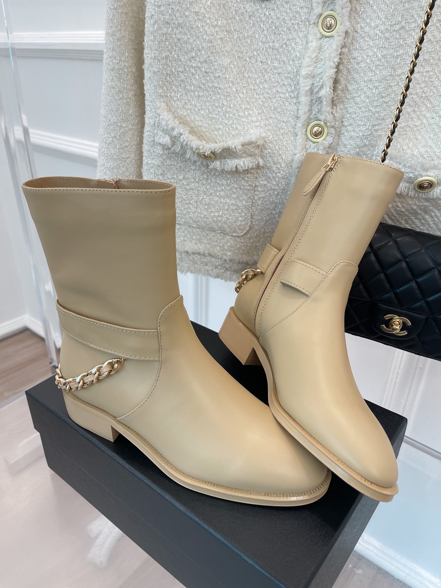 Chanel Women’s Ankle Boots With Chain Beige For Women 1.5in/4cm